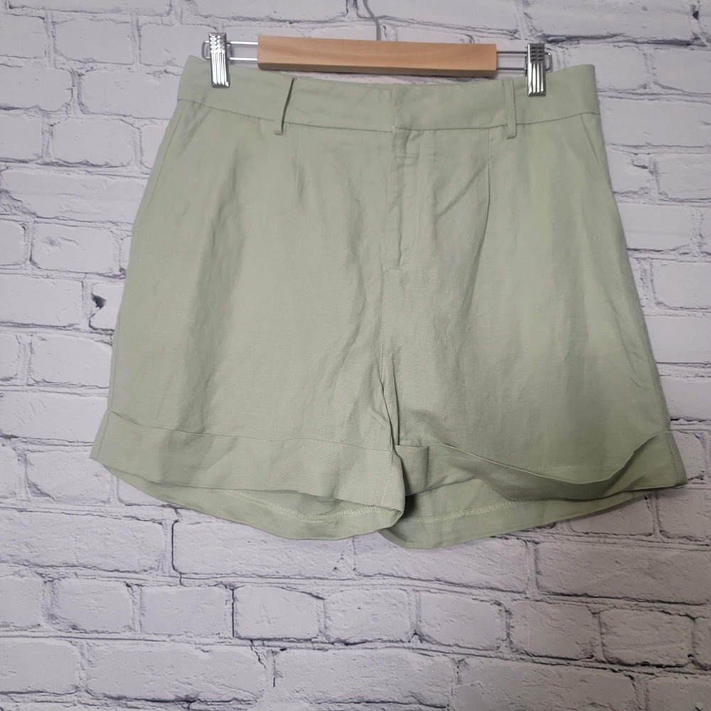ELA Sage Green Linen Blend High Rise Cuffed Shorts 10 Minimalist Resortwear Chic